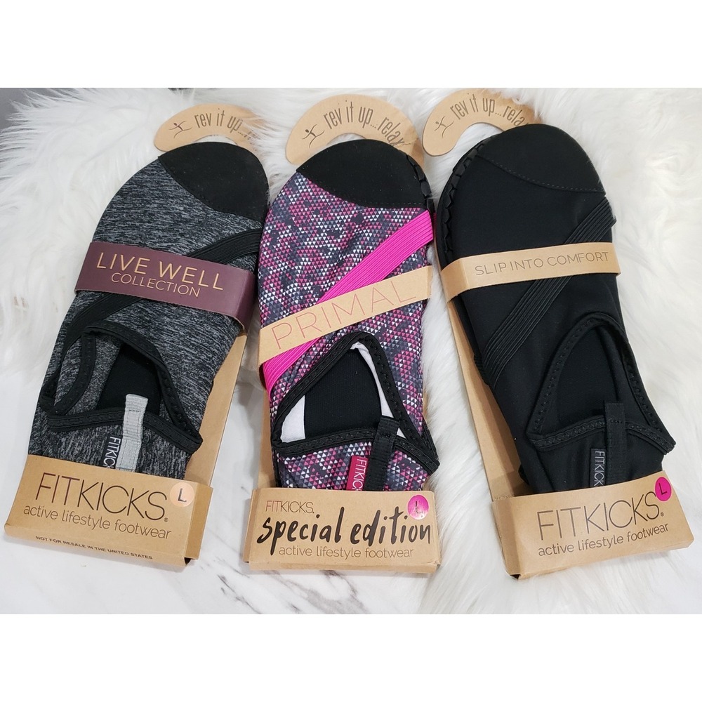 LOT 3 FitKicks Slip Into Comfort Yoga Womens Shoes Black Gray SZ Large 8.5 / 9.5
